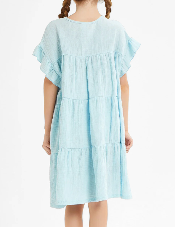 Girls Ruffle Sleeves Tiered Gauze Dress