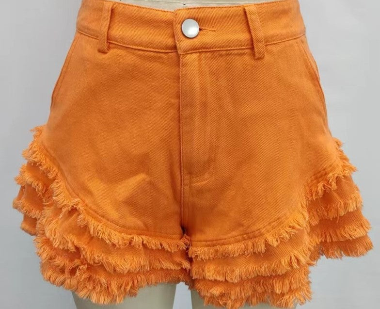 Mulit-tiered Raw Edge Denim Shorts - Orange