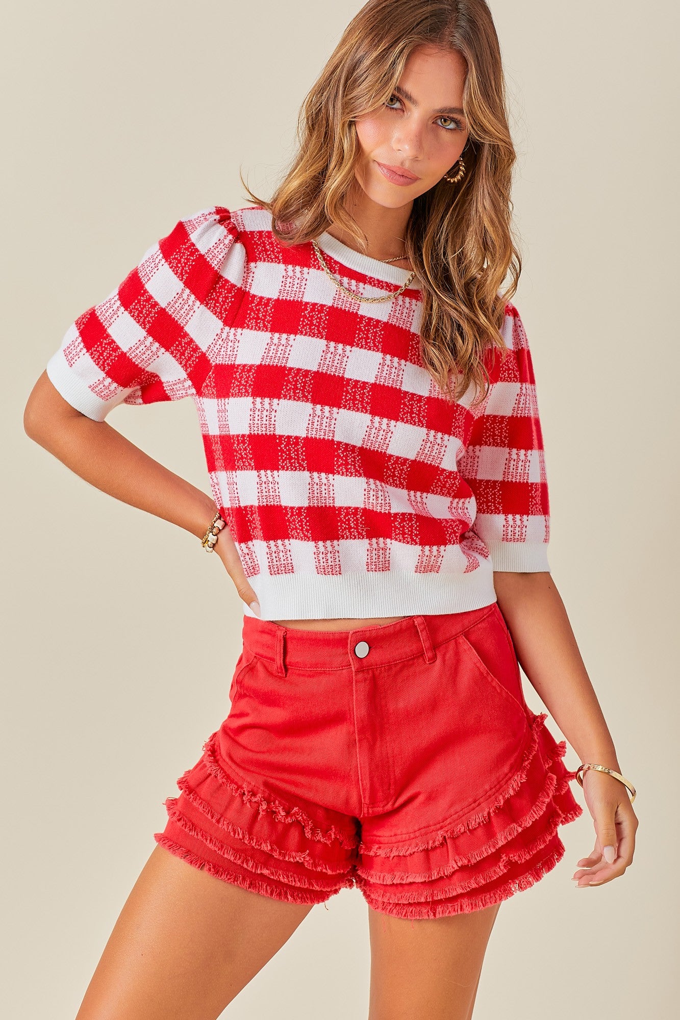 Multi-tiered Raw Edge Denim Shorts - Red