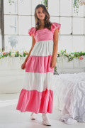 Pink Color Block Tiered Maxi Dress