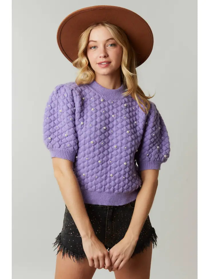 Quilted Pearl Embellished Short Sleeve Sweater