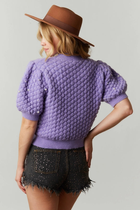 Quilted Pearl Embellished Short Sleeve Sweater