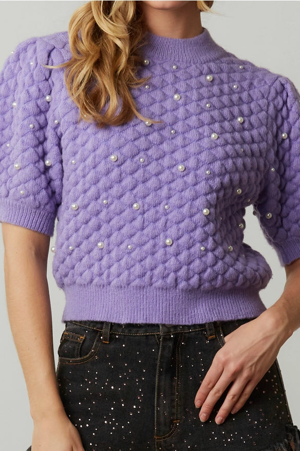 Quilted Pearl Embellished Short Sleeve Sweater