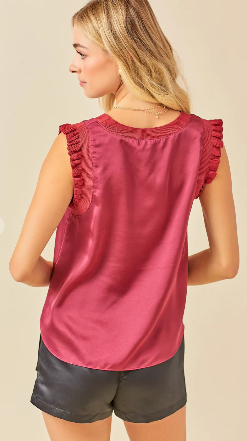 Ribbed Ruffle Detail Satin Top - Maroon