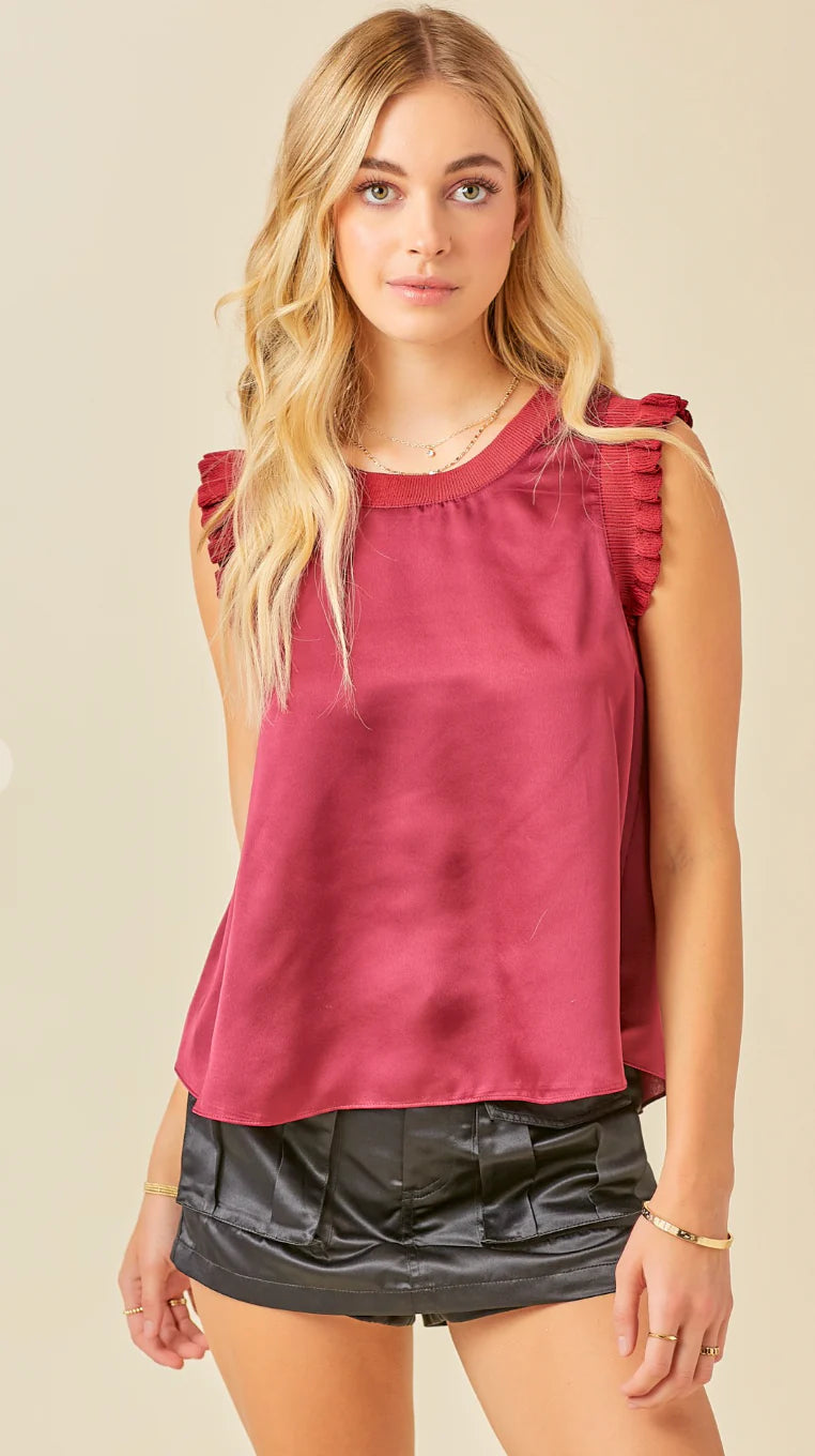 Ribbed Ruffle Detail Satin Top - Maroon