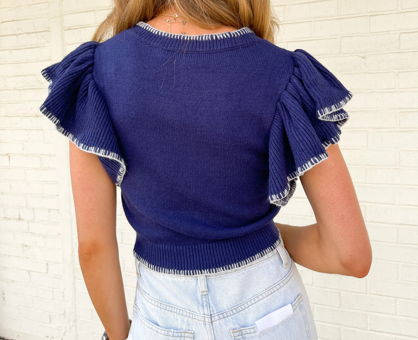 Ruffle Sleeve Cropped Sweater- Navy