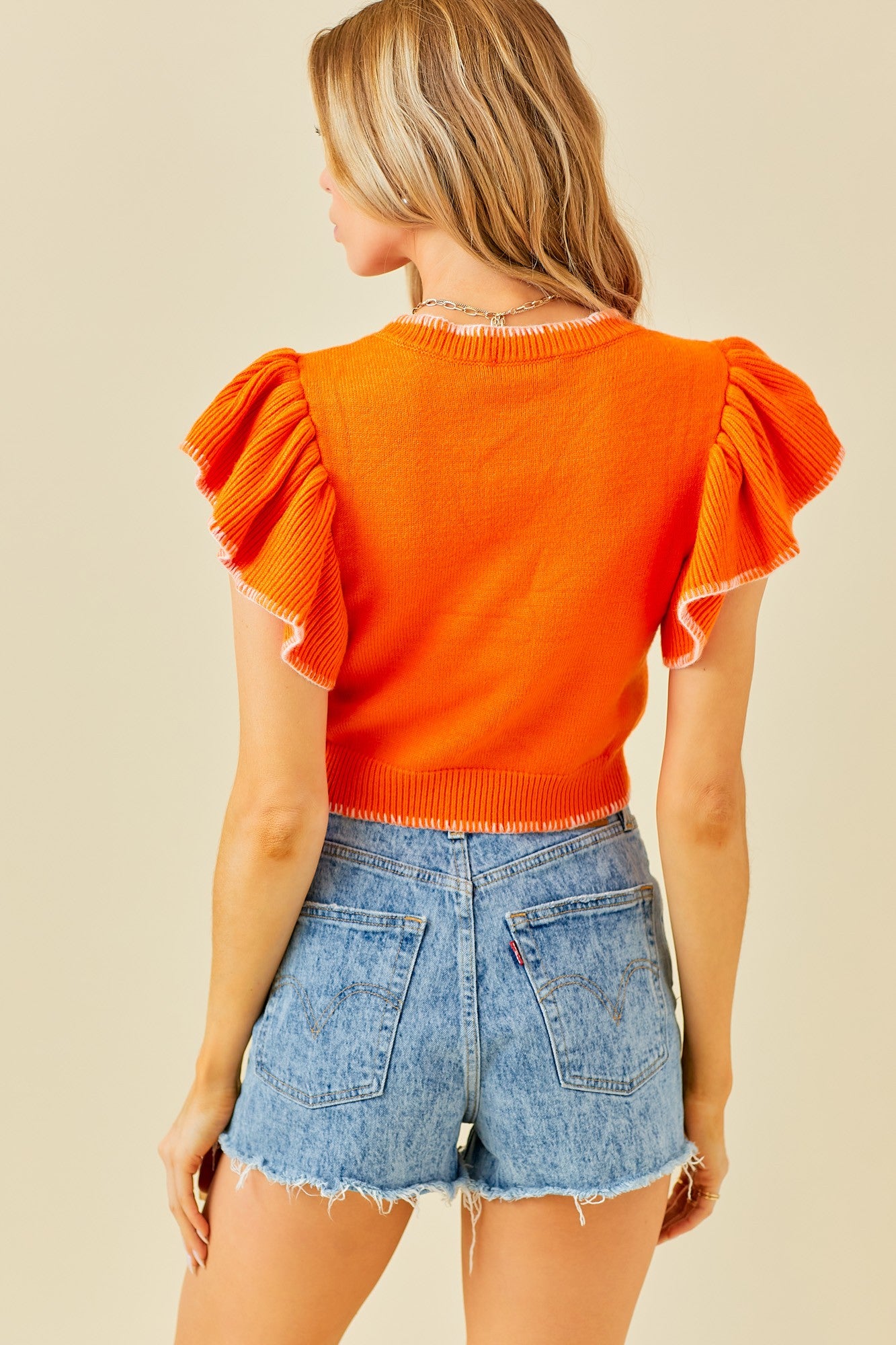 Ruffle Sleeve Cropped Sweater - Orange