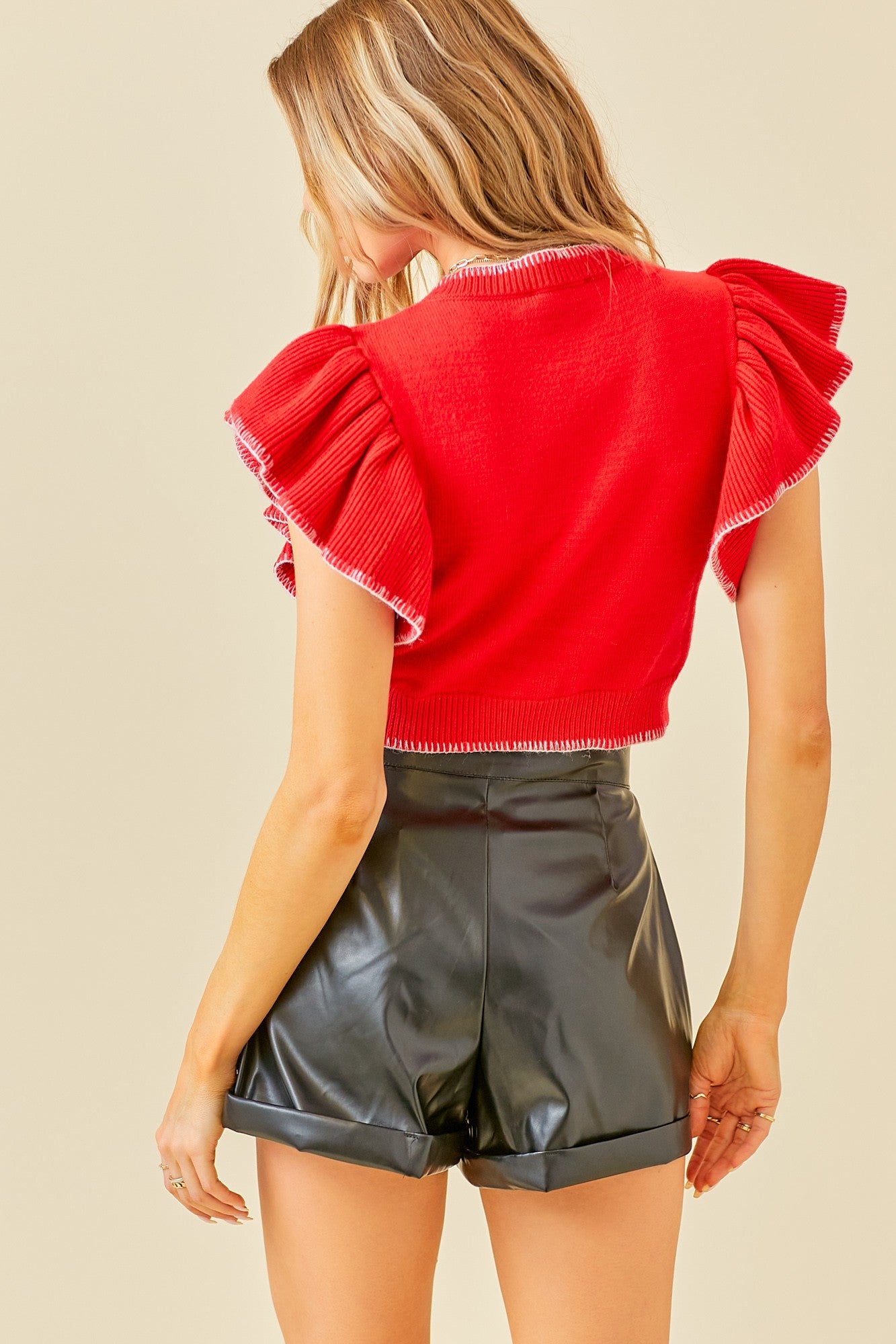 Ruffle Sleeve Cropped Sweater - Red