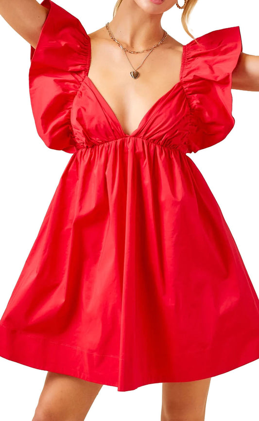 Ruffle Tie Back Poplin Dress - Red