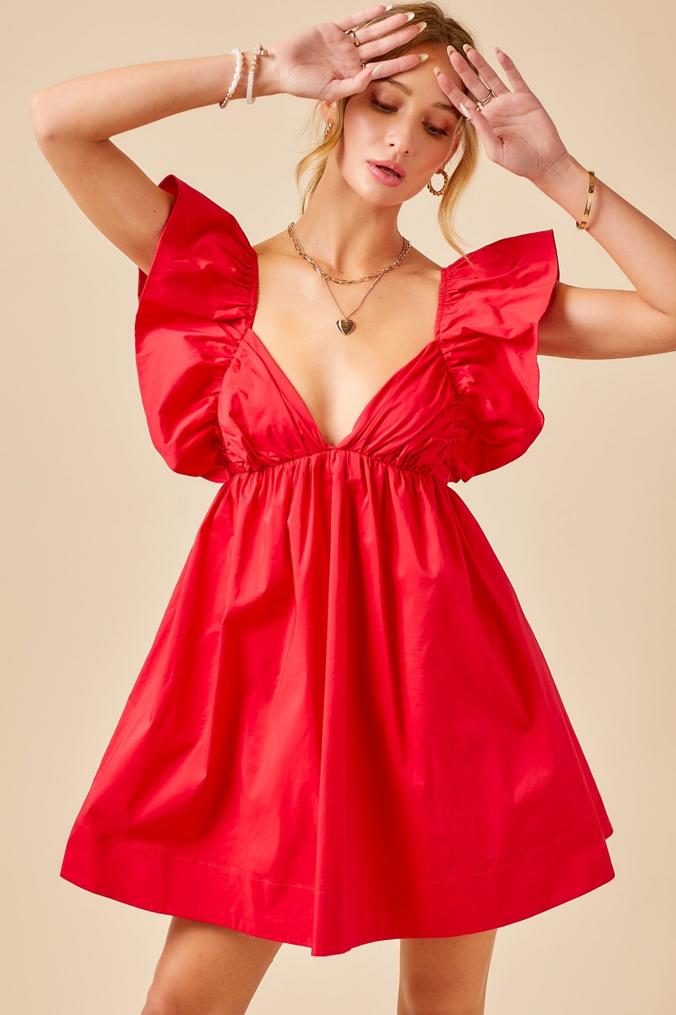 Ruffle Tie Back Poplin Dress - Red