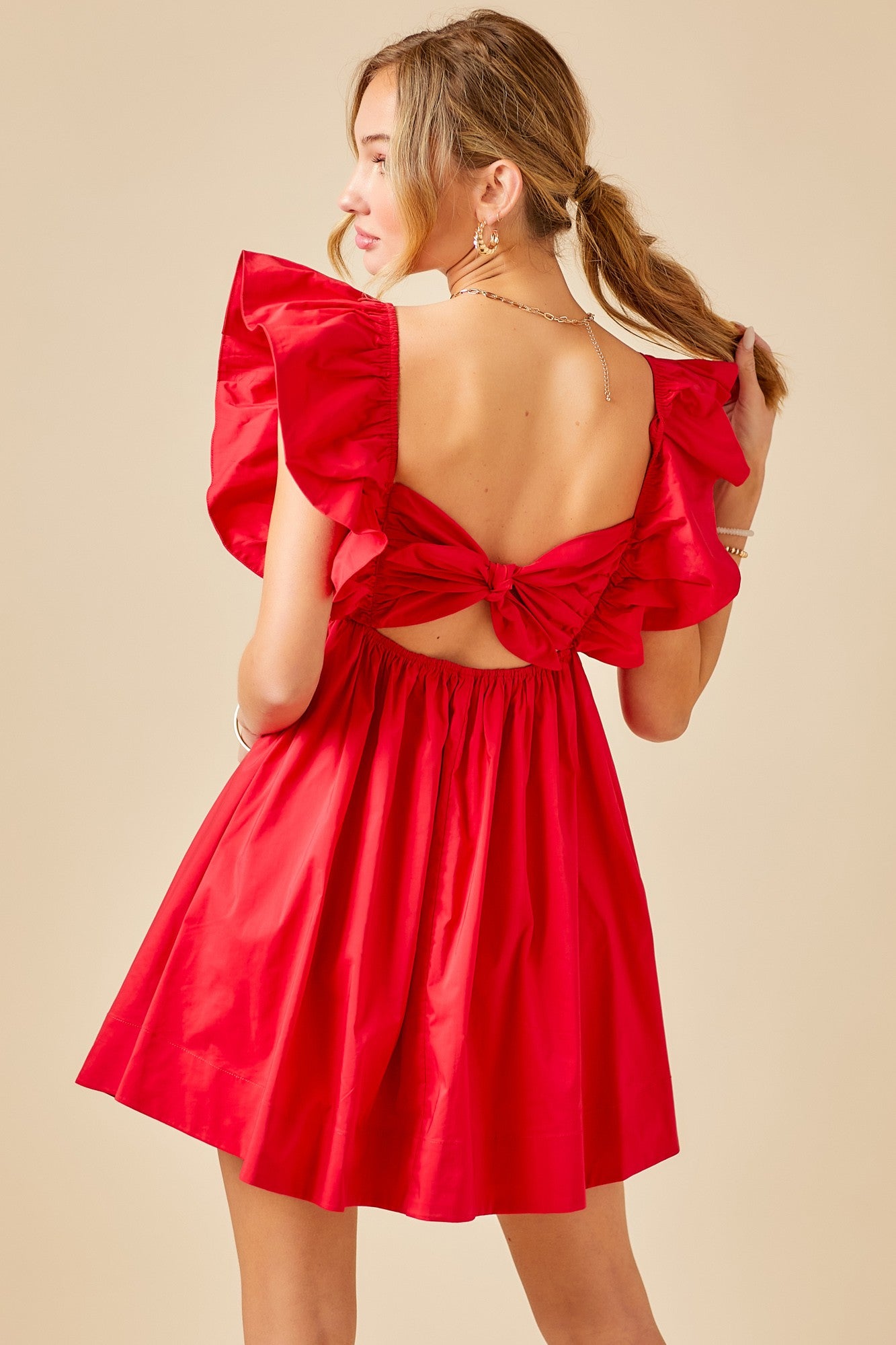 Ruffle Tie Back Poplin Dress - Red