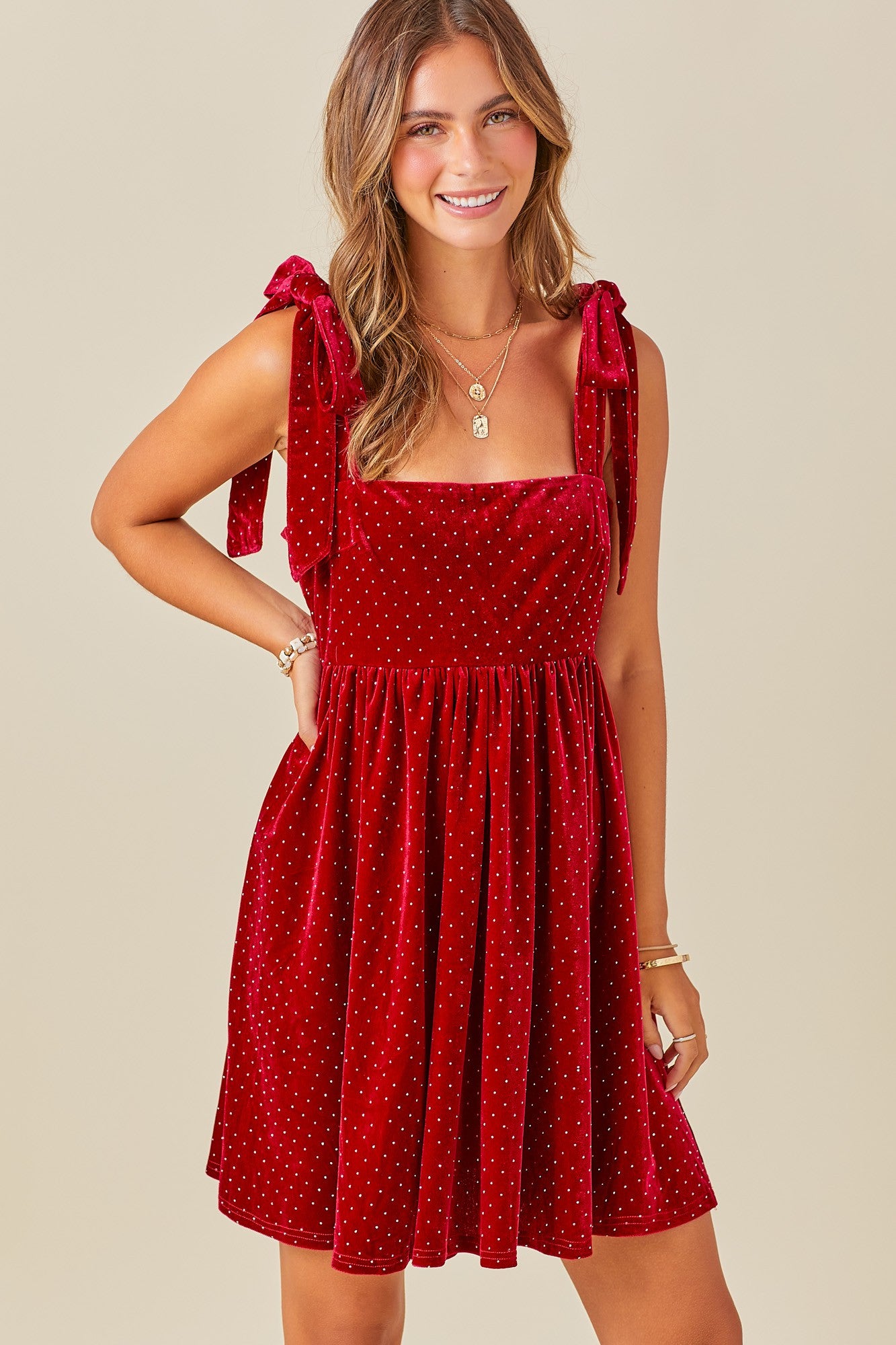 Velvet Shoulder Tie Mini Dress with Rhinestones - Red