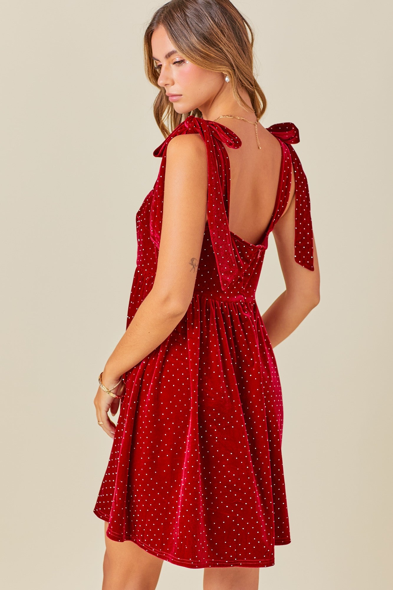 Velvet Shoulder Tie Mini Dress with Rhinestones - Red