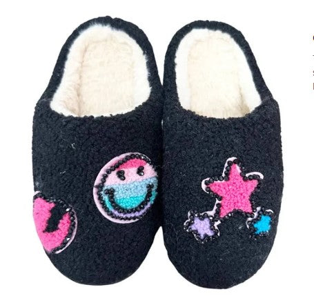 Girls Black Slippers with Scattered Colored Patches