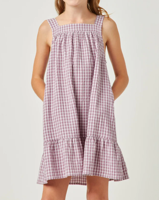 Girls Checkered Ruffle Hem Sleeveless Dress