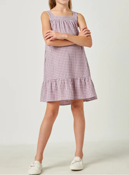 Girls Checkered Ruffle Hem Sleeveless Dress