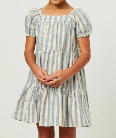 Girls Striped Puff Sleeve Tiered Dress