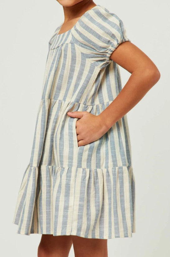 Girls Striped Puff Sleeve Tiered Dress