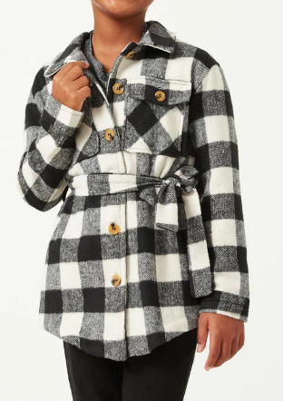 Girls Plaid Belted Long Length Shacket