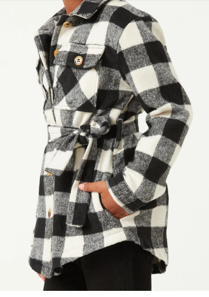 Girls Plaid Belted Long Length Shacket