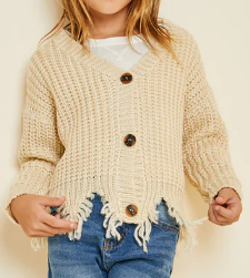 Girls Distressed Buttoned Cropped Cardigan