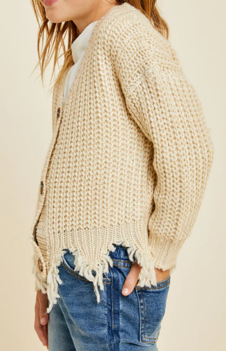 Girls Distressed Buttoned Cropped Cardigan