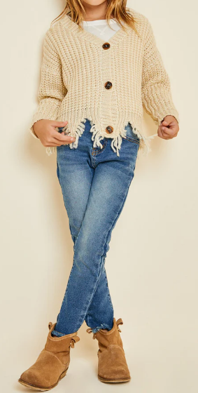 Girls Distressed Buttoned Cropped Cardigan