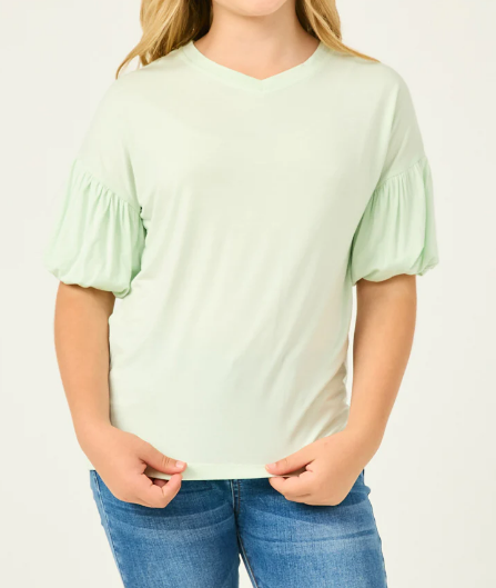 Girls Balloon Puff Sleeve V Neck