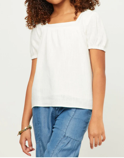 Girls Linen Look Square Neck Puff Sleeve Top