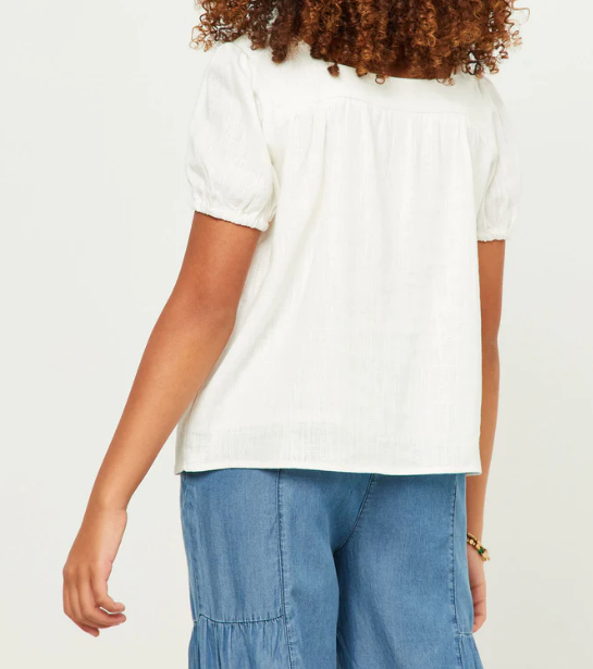 Girls Linen Look Square Neck Puff Sleeve Top