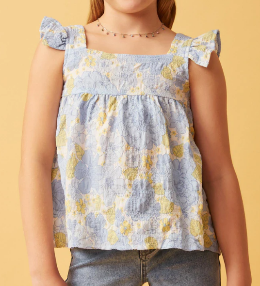 Girls Textured Floral Button Back Ruffle Tank