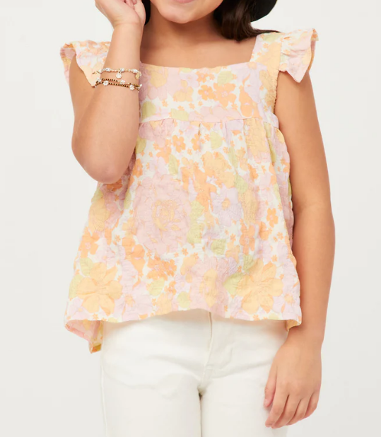 Girls Textured Floral Button Back Ruffle Tank