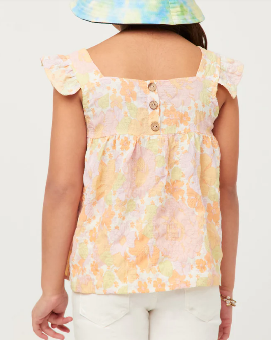 Girls Textured Floral Button Back Ruffle Tank