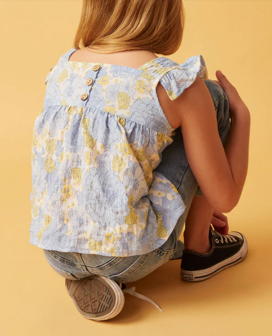 Girls Textured Floral Button Back Ruffle Tank