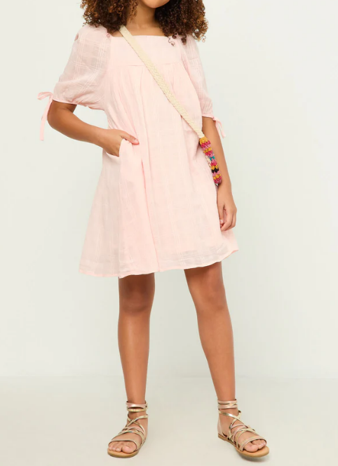 Girls Tie Sleeve Square Neck Dress