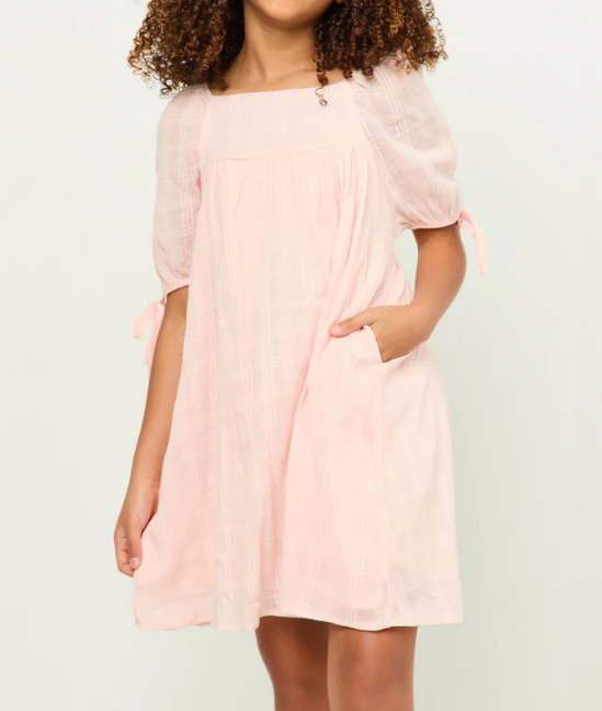 Girls Tie Sleeve Square Neck Dress