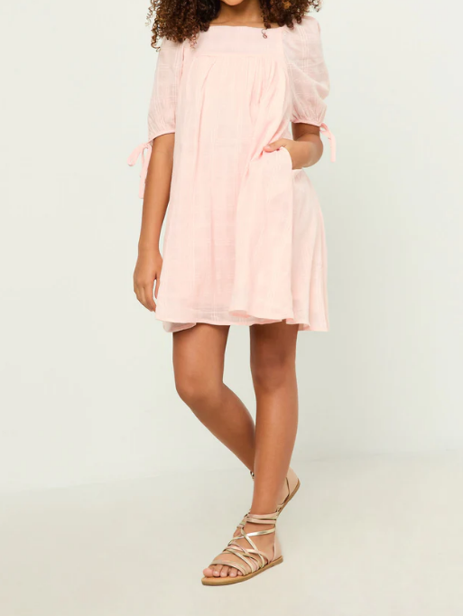 Girls Tie Sleeve Square Neck Dress