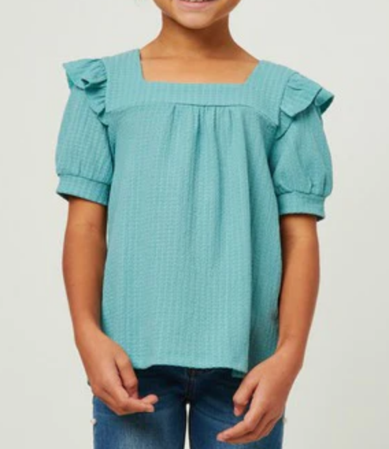 Girls Turquoise Square Neck Ruffled Short Sleeve Top