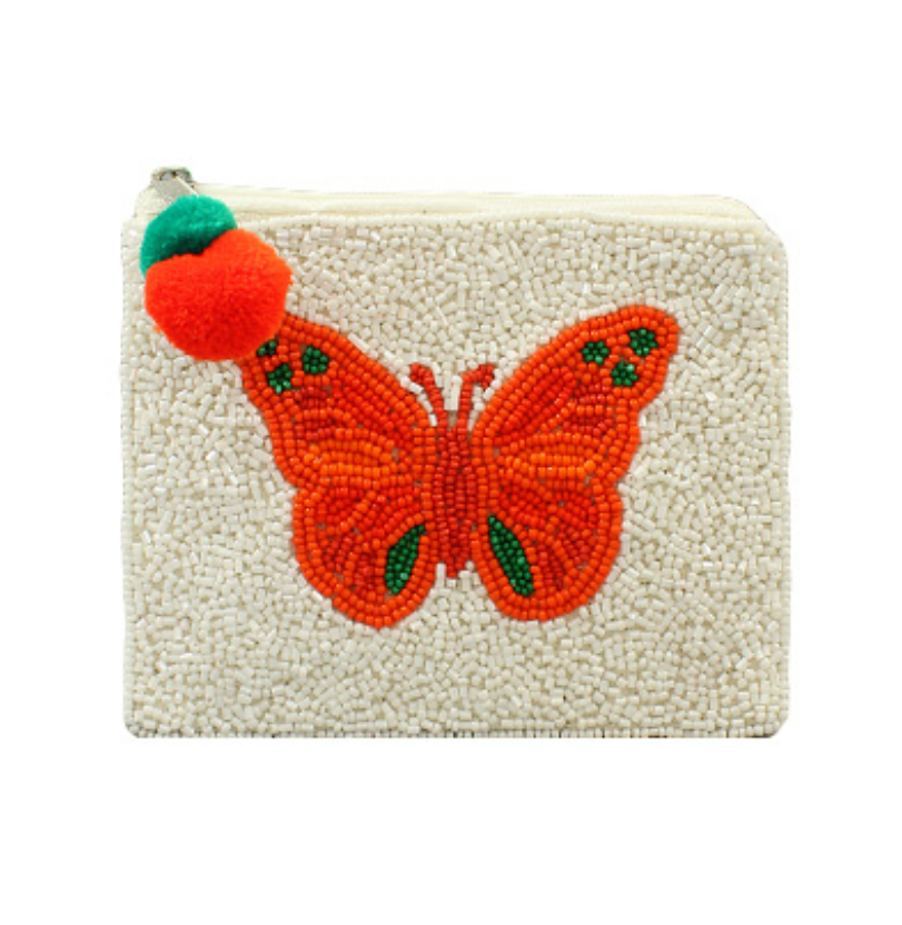 Butterfly Beaded Pouch with Orange or Pink Butterfly