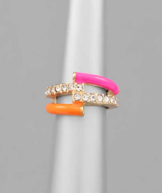 Orange/Pink Ring with Crystals - Elastic Back