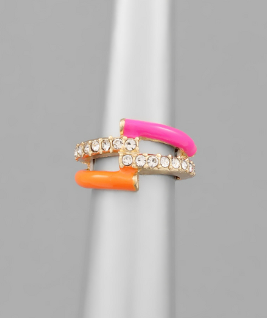 Orange/Pink Ring with Crystals - Elastic Back