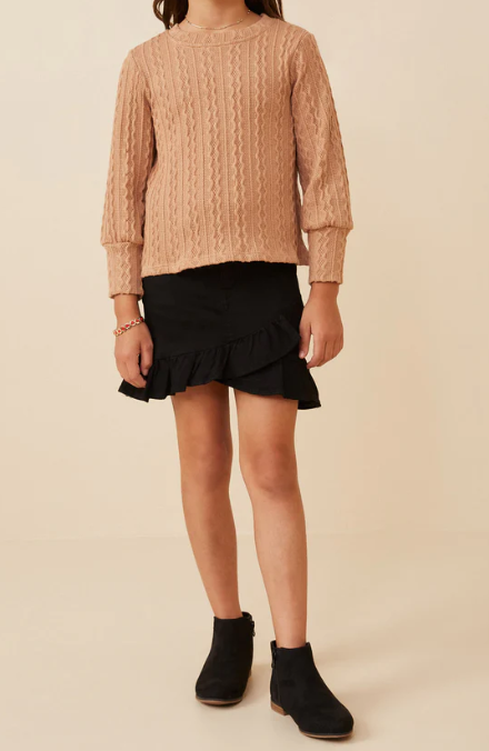 Girls Long Cuff Cable Knit Pullover Top