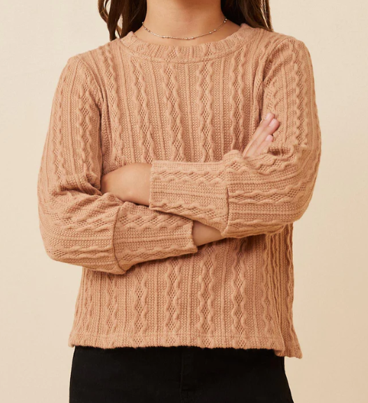 Girls Long Cuff Cable Knit Pullover Top