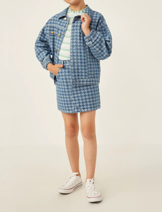 Girls Houndstooth Print Denim Jacket