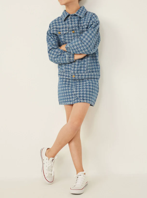 Girls Houndstooth Print Denim Jacket