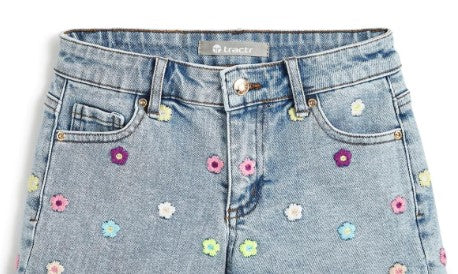 Girls Tractr Jeans Floral Embroidered Slim Straight Leg Jeans