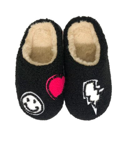 Girls Black Slippers with Scattered Colored Patches-