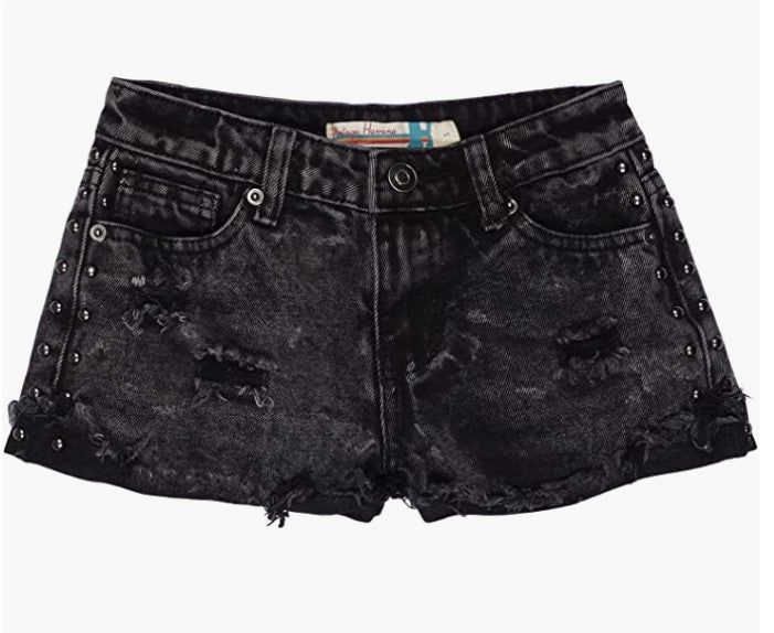Girls Black Cuffed Studded Denim Short